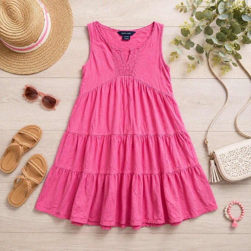 Ralph Lauren Girls Pink Tiered Sleeveless Dress Sz Large 12-14 Cotton